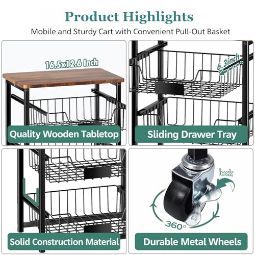 4-Tier Vegetable Fruit Basket Kitchen Storage Rolling Cart on Wheels with Pull-Out Baskets and Wood Top for Kitchen Diningroom Pantry