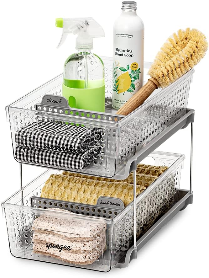 madesmart 2-Tier Organizer Multi-Purpose Slide-Out Storage with Handles and Dividers for Home and Bath, BPA Free, Pack of 1, Clear