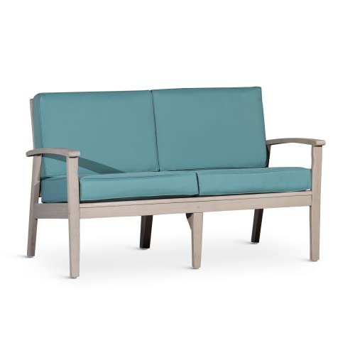 DTY Outdoor Living Longs Peak Eucalyptus Loveseat with Cushions - Driftwood Gray Finish, Dark Green Cushions