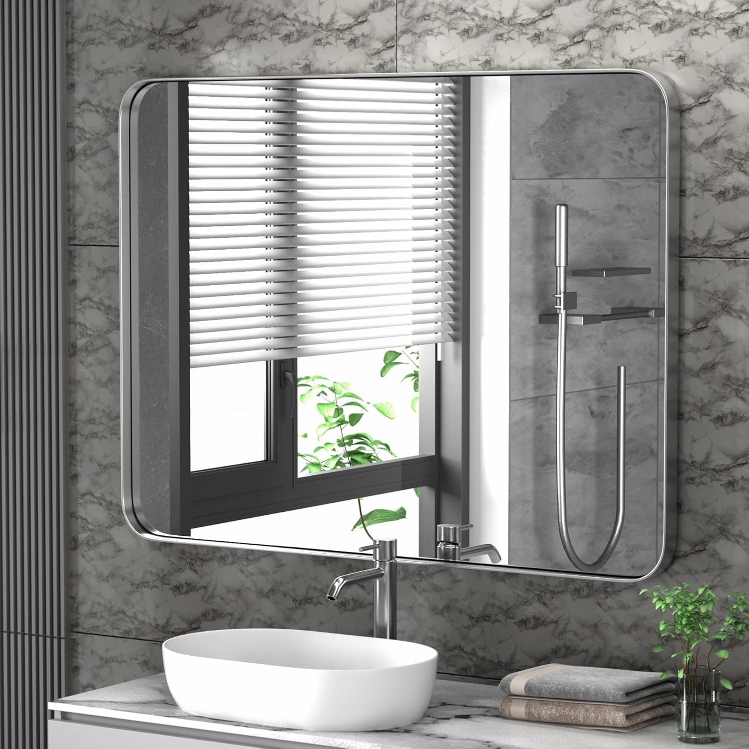 16x24-Inch Brushed Nickel Bathroom-Vanity-Mirror for Wall - 304 Stainless Steel Silver Frame Bathroom Mirrors, Rectangle Farmhouse Mirror, Vertical Or Horizontal Hanging Modern Mirror