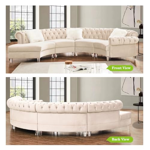 Velvet Curved Symmetrical Modular Semi Circular Sofa Sectional, Cream