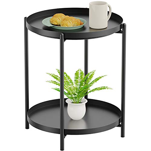 Yesker Side Table, End Table Metal Small Table Indoor Outdoor & Snack Bedside Table Sofa Side Snack Table Accent Coffee Table Living Room Bedroom Balcony 2 Layer (Black)