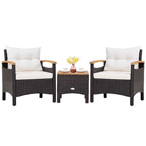 Tangkula 3-Piece Patio Furniture Set, Patiojoy Outdoor Rattan Sofa Set with Coffee Table, Patio Conversation Set with Removable Cushion, Cozy Acacia Wood Armrests for Backyard, Poolside (Beige)
