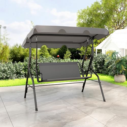 HAPPYGRILL 3-Person Patio Swing Chair, Outdoor Swing Glider with Adjustable Canopy and Removable Cushion, Porch Swing with Stand for Garden and Backyard, (Brown)