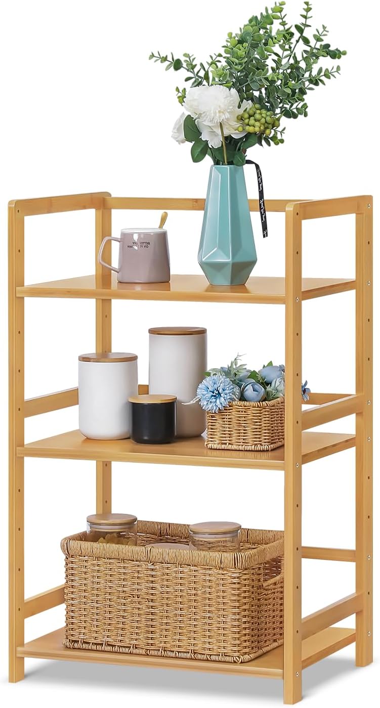Magshion Bamboo Bookshelf 3-Tier Narrow Adjustable Shelving Units Display Shelf Living Room Bookcase Freestanding Storage Stand for Home Office Library (Natural, 20.5