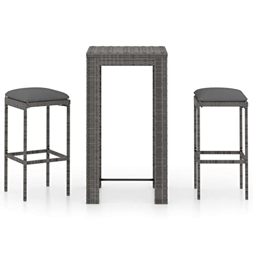 3 Piece Patio Bar Set with Cushions Poly Rattan Gray,Stylish Outdoor Bar Set with WeatherResistant Stools and Comfortable Cushions Patio Furniture, Outdoor Furniture Sets
