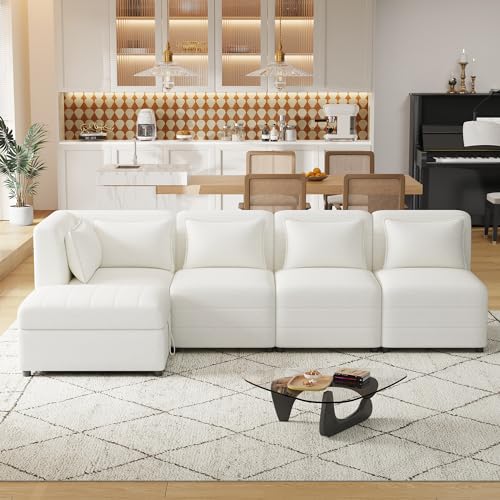 Free-Combined Sectional Sofa 5-Seater Modular Couches with Storage Ottoman, 5 Pillows for Living Room, Bedroom, Office, Cream Living Room Sectionals