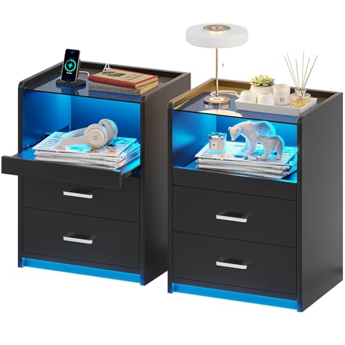 VIAGDO White Nightstand with Charging Station and LED Lights, 2 Drawers LED Night Stand with Tempered Glass Tabletop, Modern End Side Tables with Pull-Out Tray, Open Storage Bedside Tables