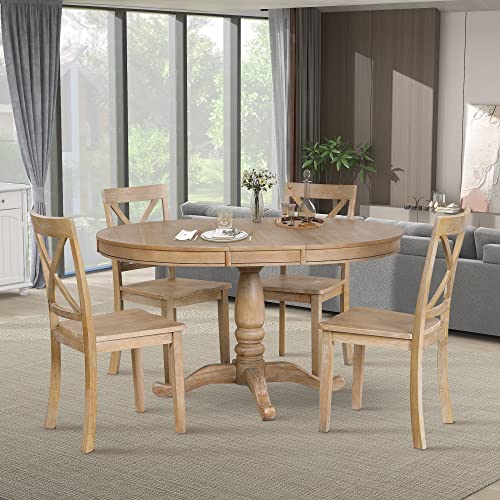 5 Pieces Country-Chic Dining Table Sets for 4, Extendable Round Dining Table and 4 Chairs with Backrest, Kitchen Table Sets for Dining Room, Dinette, Breakfast Nook, Natural Wood Wash