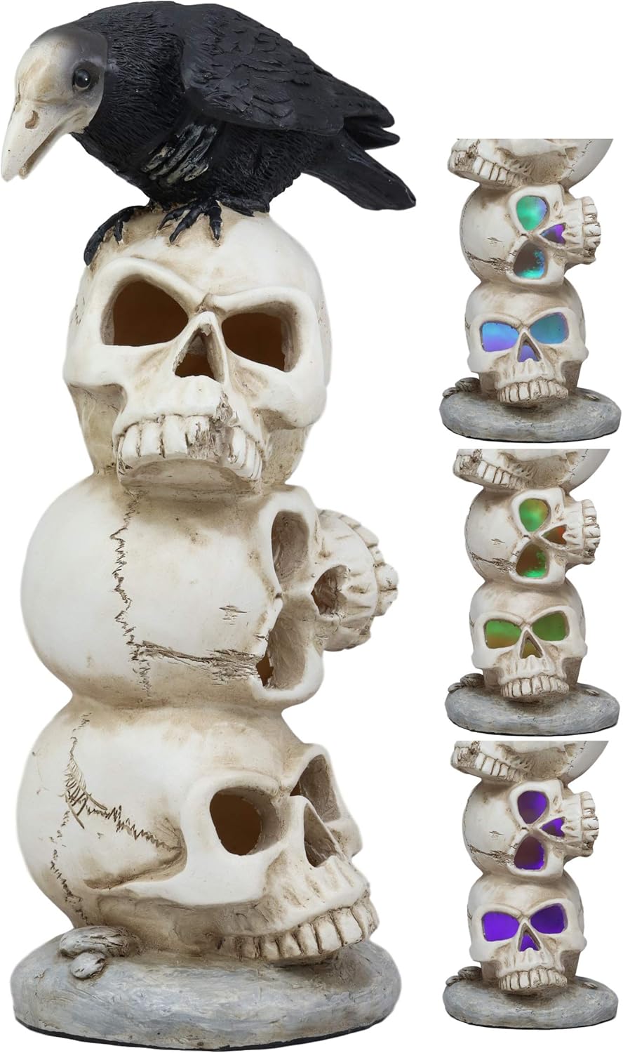 Ebros Gothic Raven Crow Bird Perching On Pole Totem Stacked Skulls with Color Changing LED Night Light Statue 11.75