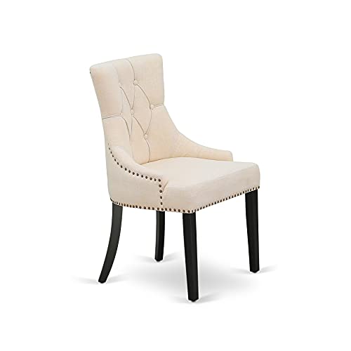 East West Furniture DLFR3-WHI-18 Kitchen Table Set - Parson Dining Room Chairs with Dark Coffee Linen Fabric Seat and Button Tufted Back - Solid Wood Drop Leaves Pedestal Dinner Table (White Finish)