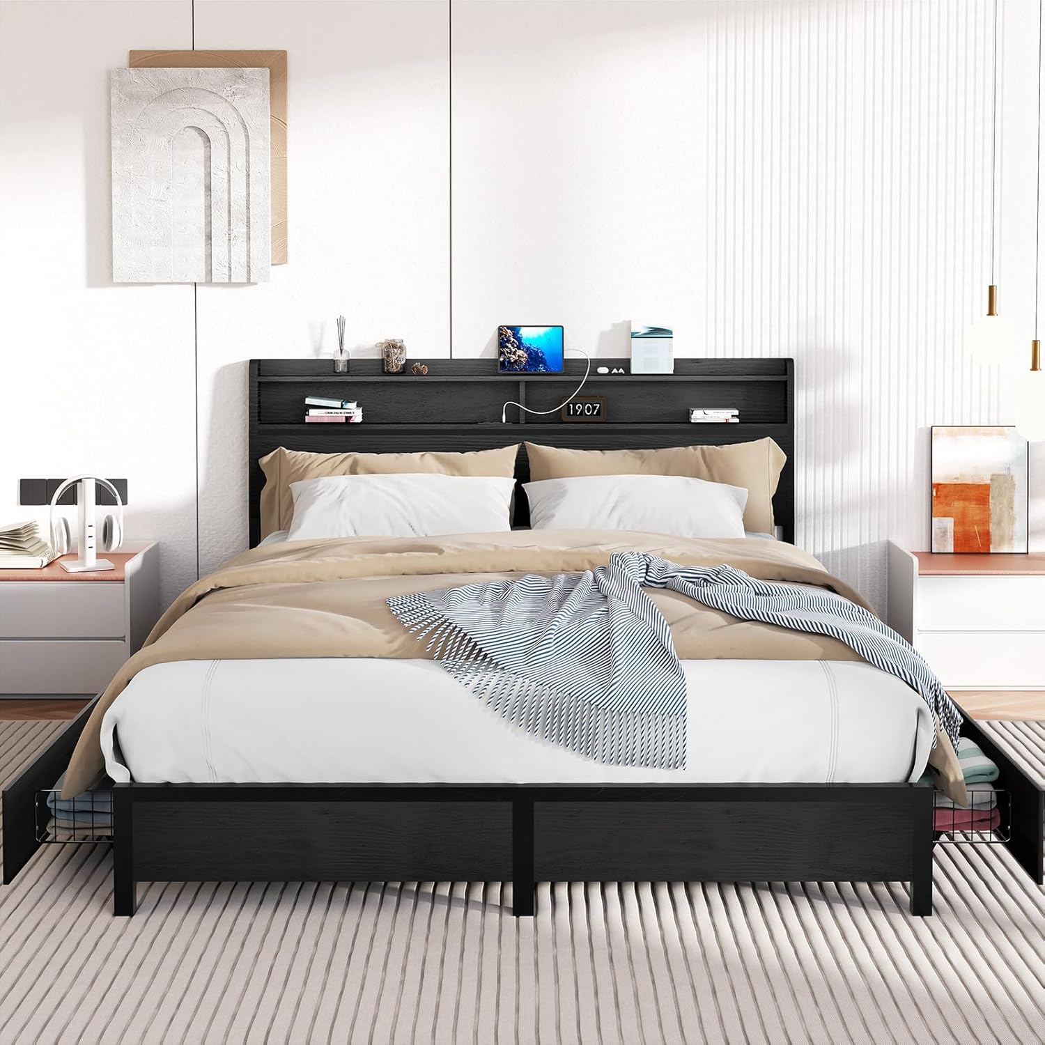 EVASTAR Queen Bed Frame with Storage Headboard and 4 Drawers, Metal Platform Bed Frame with Charging Station, Easy Assembly, Black