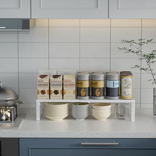 Expandable Spice Rack Kitchen Cabinet Shelf Organizer, Stackable Storage Shelves Rack, Adjustable Counter Shelf for Cabinets, Countertop, Cupboard,Pantry and More(2Packs/Black/Large)