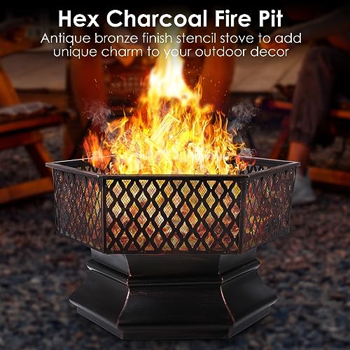 Outdoor Steel Fire Pit, Hex-Shaped Firebowl with Grill Mesh, Wood Coal Burning Fireplace, Fire bowl w/Flame-Retardant Mesh Lid & Poker, Portable Patio Picnic Bonfire BBQ (28“)