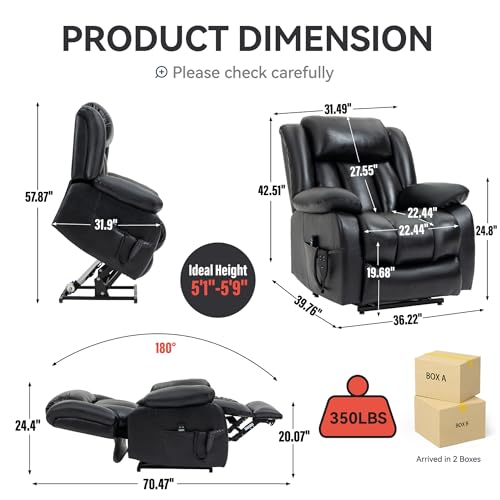 Dual Motor Infinite Position Electric Power Lift Recliner Chair with 8-Point Vibration Massage, Lumbar Heating, and Genuine Leather Upholstery - Supports Up to 350 LBS, Ideal for Elderly (Black)