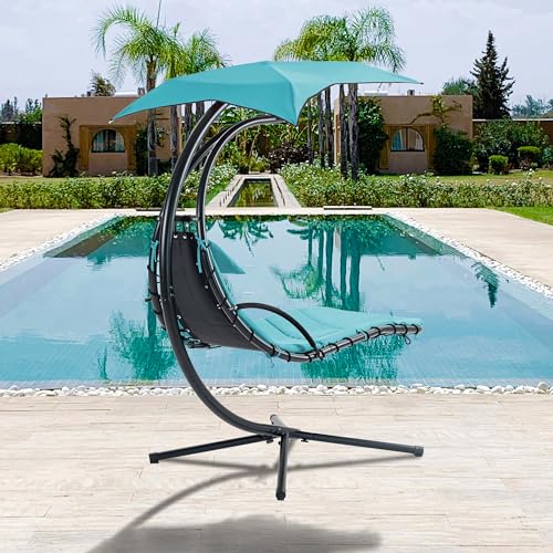 Outdoor Hanging Chaise Lounge Chair - Swinging Chaise Lounge Chair with Canopy Umbrella and Pillow, Beach Chair Pool Chair Sunbathing Lounge Chair Sunbed for Porch Patio Deck Garden (Light Blue)