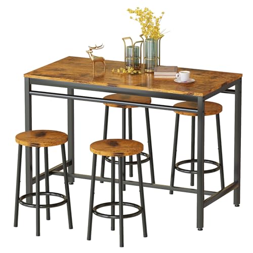 AWQM 47.2 Inch Kitchen Table Set for 4, Industrial Dining Table with 4 Curved Chairs Set, 5-Piece Rectangular Kitchen Table Set for Dining Room, Breakfast Nook, Small Space, Rustic Brown