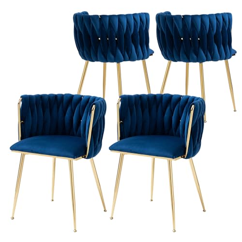 Upholstered Velvet Dining Chairs Set of 4, Modern Living Room Chair with Woven Back and Golden Metal Legs, Mid-Century Accent Side Chair for Dining Room, Living Room, Kitchen, Vanity Room, Grey