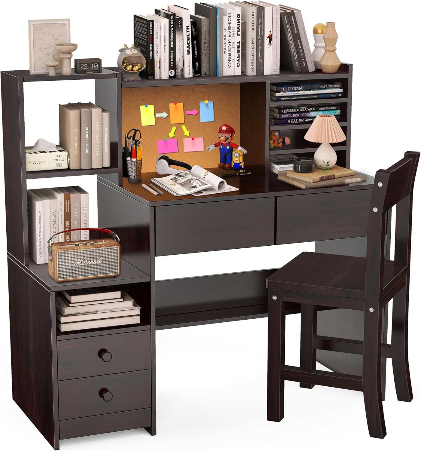 Espresso Kids Desk and Chair Set for 5-12 Year Old, Childrens Computer Desk with Storage Shelf, Kids Study Table with 4 Drawers