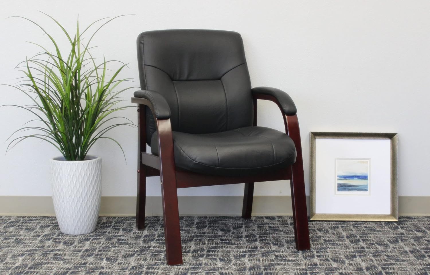 Boss Office Products Executive Leather Guest Chair with Mahgany Finish in Black