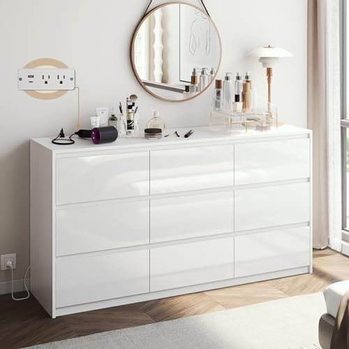 10 Drawer Dresser, White Dresser for Bedroom, High Gloss Modern Dresser & Chest of Drawers, 55