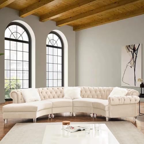 Velvet Curved Symmetrical Modular Semi Circular Sofa Sectional, Cream
