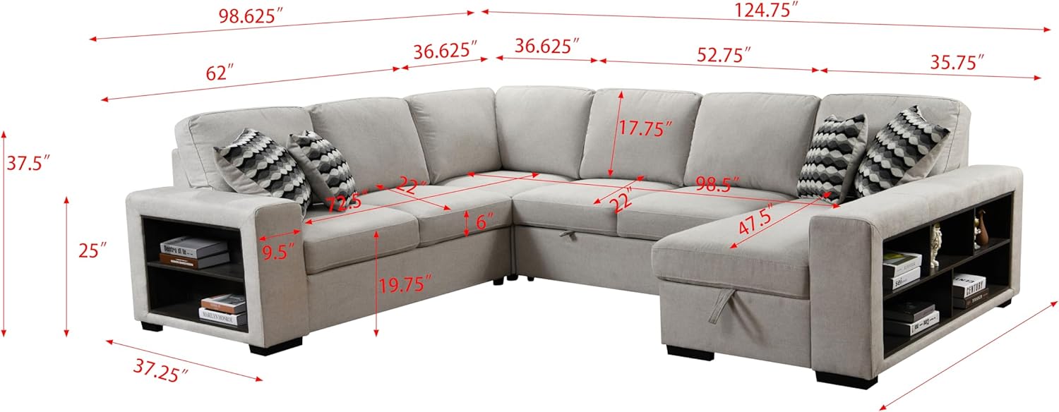 125'' Modern U Shaped 8 Seat Sectional Cabinet,Sofa Storage Chaise-Pull Out Couch Bed for Living Room, Beige