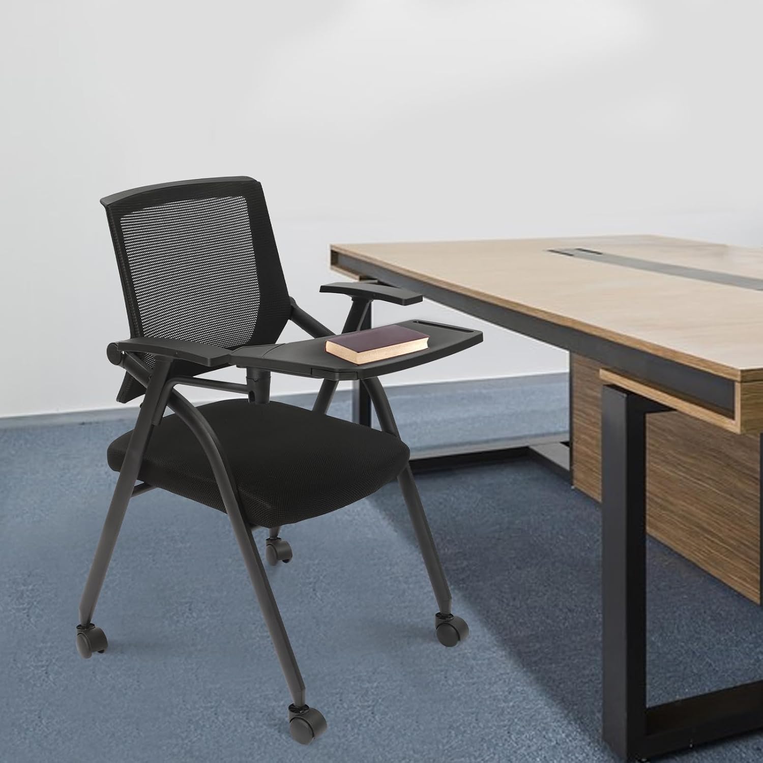 Conference Room Chairs with Table, Stackable Foldable Ergonomic Reception Office Chair with Lumbar Support, Armrest,Mesh Bouncing Back and Wheels,for Guest,Meetings,Waiting Room