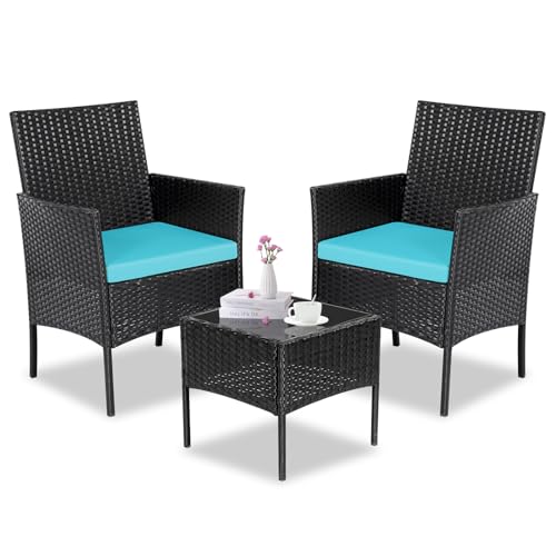 Patio Furniture Set 3 Pieces All-Weather Rattan Outdoor Furniture Patio Chairs with Tempered Glass Table for Porch Bistro Balcony Bistro Set(Black/Blue)