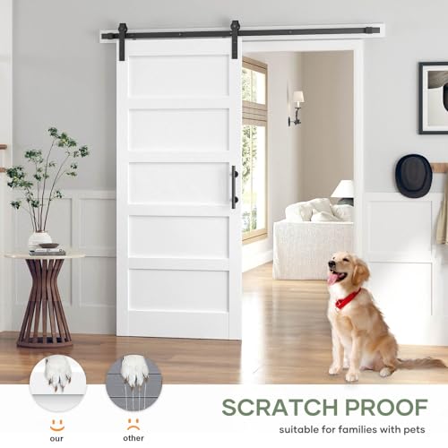 32x84 Inch White Sliding Barn Door Slab with 5.5ft Hardware Kit Included, 5-Panel, MDF Wood Panel Covered with Water-Proof Scratch-Proof PVC Surface, Simple DIY Assembly