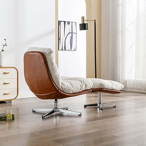 Wahson Comfy Accent Swivel Lounge Chair with Ottoman, Linen Upholstered Oversized Club Chair, for Living Room/Bedroom, Ivory