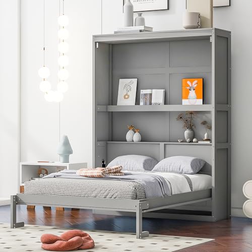 Queen Size Murphy Bed with Shelves, Easy Fold Wood Wall Bed, Space-saving Murphy Bed Cabinet Queen for Guest Room Home Office,White