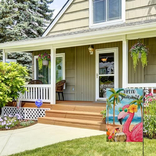 Hello Summer Garden Flags for Outside, Watercolor Flamingo Yard Decoration, Small Seasonal Outdoor Decor for Spring Farmhouse Holiday,12x18 Inch Double Sided