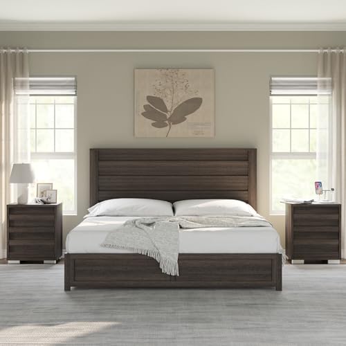 AMERLIFE Nightstands Set of 2 with Charing Station, Farmhouse End Table with Drawers, Wood Bedside Table for Bedroom, Living Room, Black