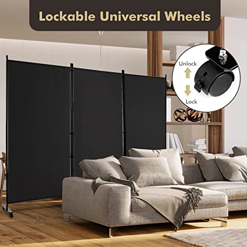 Giantex 4 Panel Room Divider, Folding Privacy Screen with Lockable Wheels, Rolling Partition Room Dividers, Freestanding Fabric Wall Divider for Home Office Studio Separation, 89''W x 68''H, Black