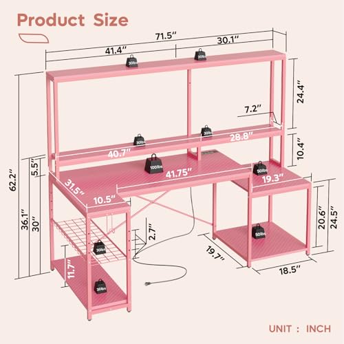 Bestier LED Computer Desk with Power Outlets, 71.5 Gaming Desk with Monitor Stand and Hutch, L Shaped Desk with Storage Shelf, Corner Desks for Home Office, Pink