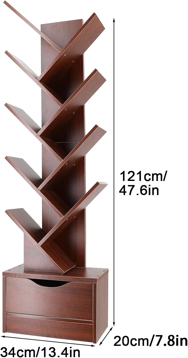 9 Shelf Tree Bookshelf, Bookshelf with Wooden Drawer, Modern Book Storage, Free Standing Tree Bookcase, Utility Organizer Shelves for Home Office, Living Room, Bedroom, Rustic Brown