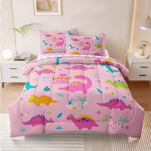 5 Piece Girls Cat Comforter Set Twin Size Bed in A Bag Pink Cute Cartoon Cats Bedding Set for Kids Teens (1 Comforter, 1 Flat Sheet, 1 Fitted Sheet, 2 Pillowcases), Purple Pink