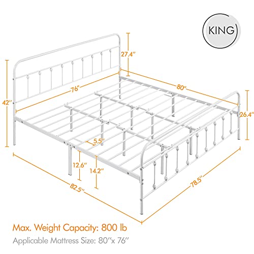 Topeakmart Queen Size Victorian Style Metal Bed Frame with Headboard/Mattress Foundation/No Box Spring Needed/Under Bed Storage/Strong Slat Support White