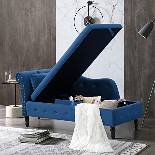 Velvet Chaise Lounge Indoor Chair with Pillow, Button Tufted Right Arm Facing Lounge Chair with Nailhead Trim and Turned Legs, Modern Sleeper Sofa Couch for Living Room Bedroom Office (Beige)