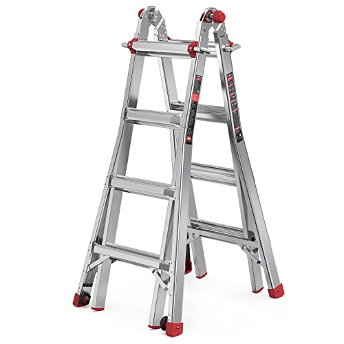 Folding Ladder, 13 ft Aluminum Extension Ladder, 300 lbs Load Capacity, Portable Telescoping Ladder with Non-Slip Rubber, Multi-Position Step Ladders, for Working Indoor/Outdoor EM4X3L2