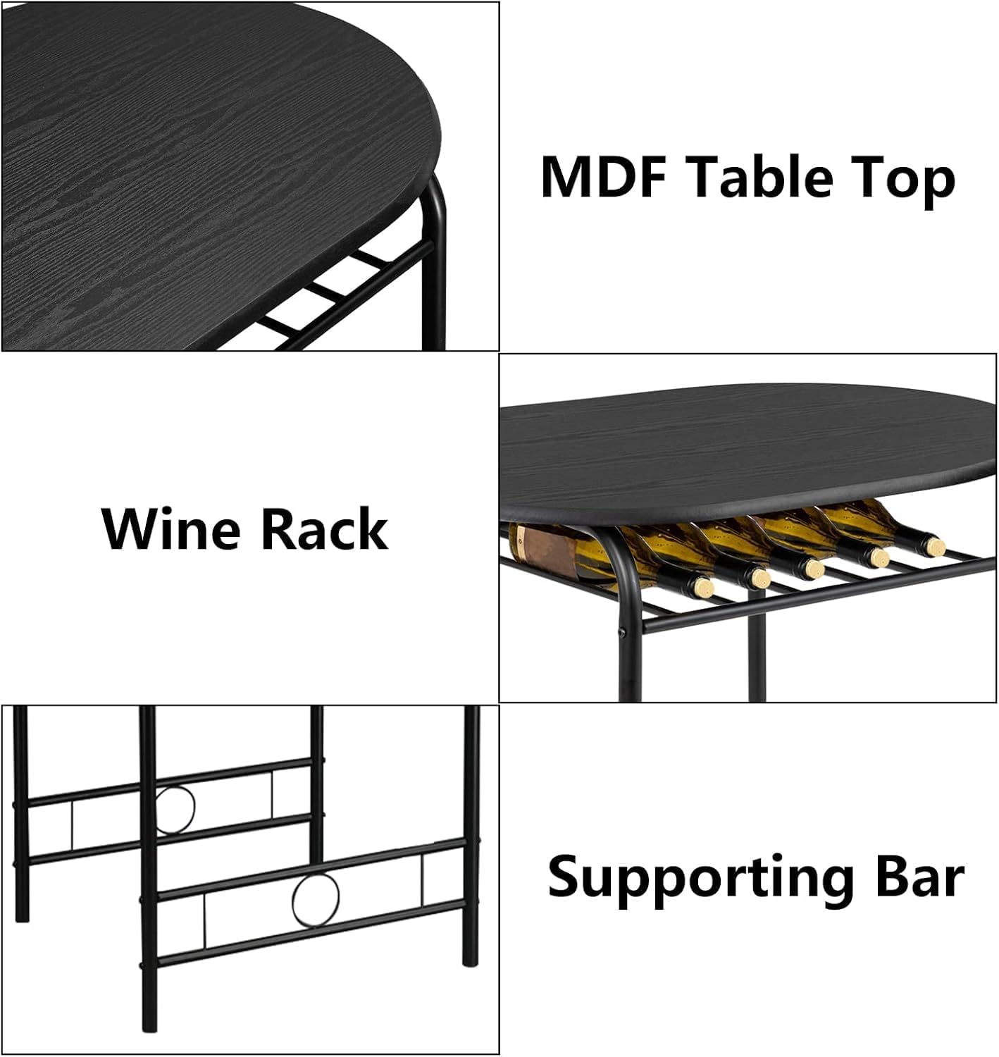 Dining Set,Small Kitchen Table Set for 2,Breakfast Table Set,Kitchen Wooden Table and 2 Chairs for Small Space/Dining Room/Apartment,Metal Frame,Wine Rack,Black,Set of 3