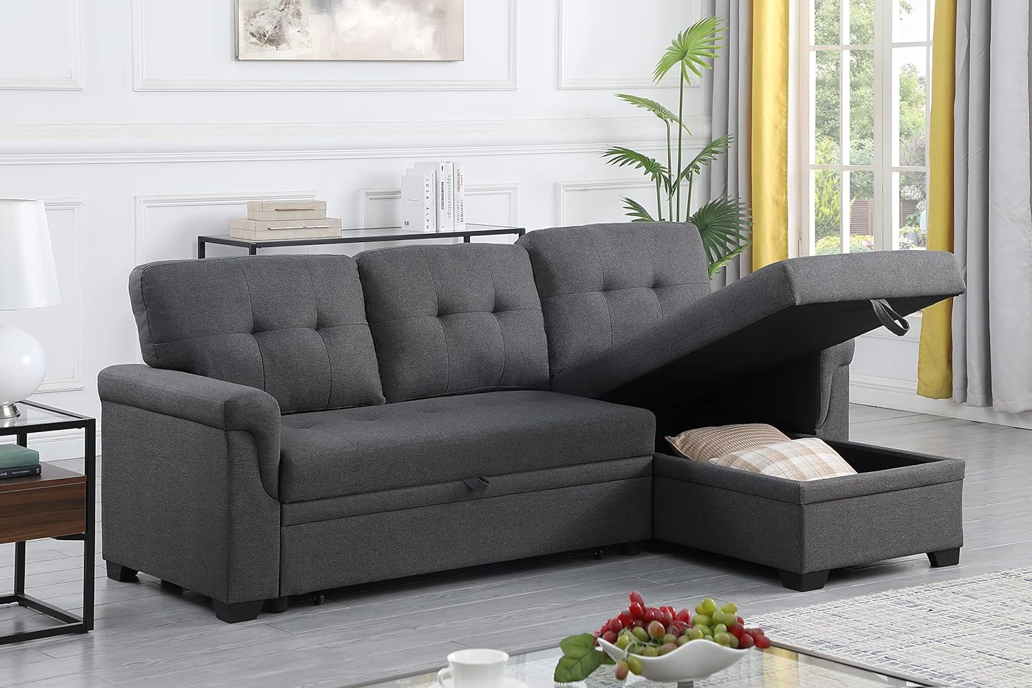Modern L-Shaped Reversible Couch Upholstered Sectional Sofa with Storage Chaise Recliner, Pull Out Sleeper Bed, for Living Room, Apartment, Office, Dark Gray, 84 Inch