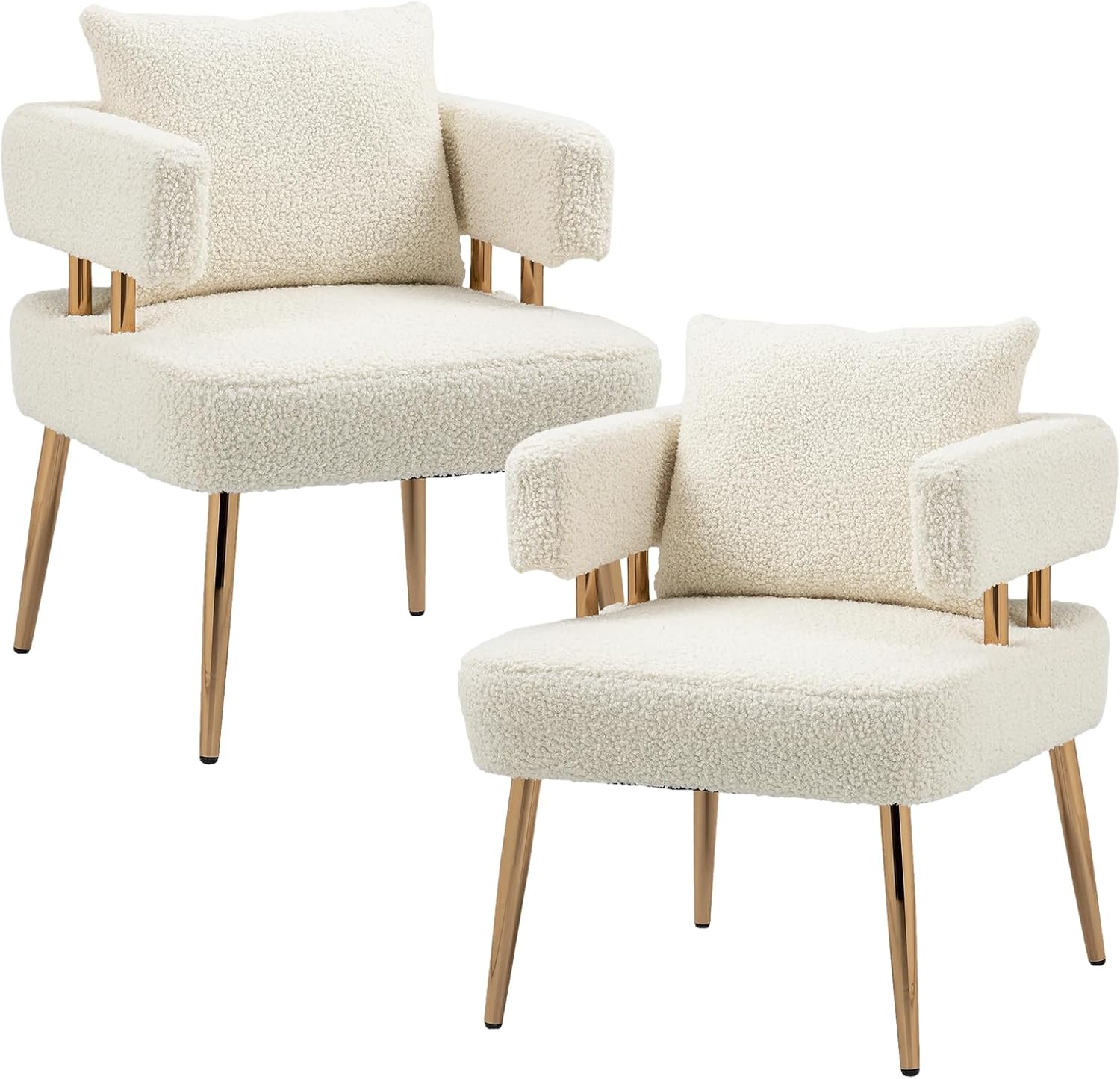Boucle Accent Chairs Set of 2, Modern Upholstered Small Accent Armchair Comfy Sherpa Chair with Metal Legs for Living Room, Reading, Bedroom, Office(White-Teddy)