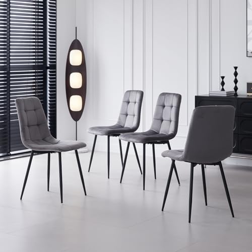 Velvet Dining Chairs Set of 4, Mid-Century Modern Dinning Chairs, Kitchen Chairs with Upholstered Seat, Backrest, Metal Legs for Dining Room, Living Room, Bedroom, Gray