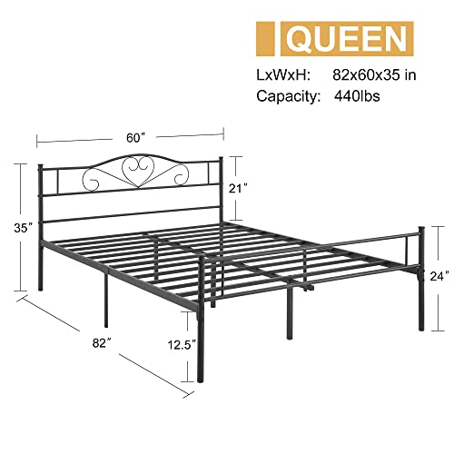 VECELO 14 Inch Queen Size Metal Platform bed Frame with Headboard and Footboard, Heavy Duty Mattress Foundation with Steel Slats Support, No Box Spring Needed, Black