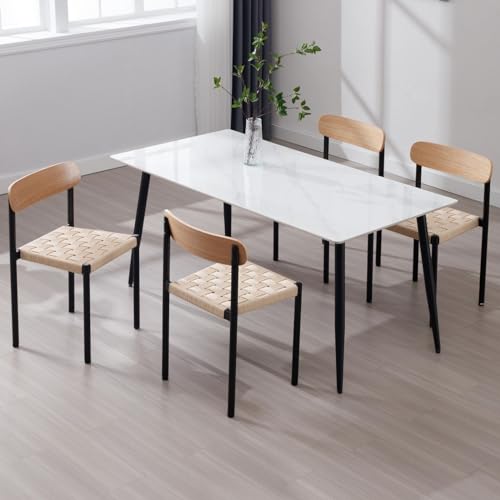 LukeAlon Woven Dining Chairs Set of 2, Mid-Century Modern Kitchen Chairs with Rope Seat and Wood Back Comfy Side Chairs with Black Metal Frame for Dining Room Kitchen Restaurant, Beige