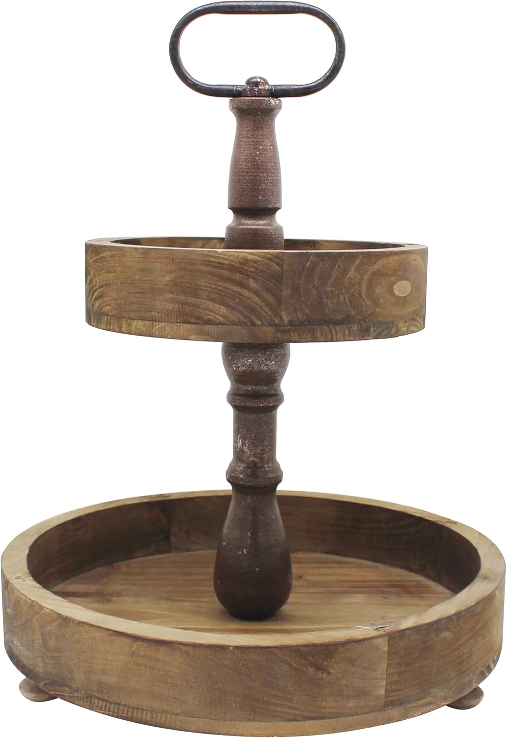 CVHOMEDECO. Rustic 2 Tiered Tray Stand Farmhouse Wood Serving Tray Stand with Metal Decorative Handle for Home Kitchen Bathroom Coffee Bar Decor.