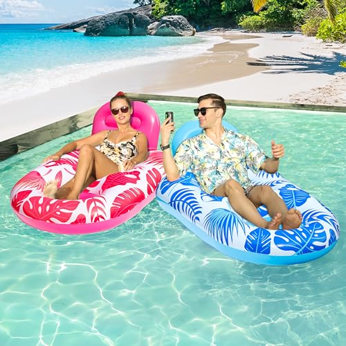 FindUWill Pool Floats Chairs Adult - 2 Pack 65'' x 42'' Large Pool Float Chairs, Inflatable Pool Lounger with Cup Phone Holder, Backrest, Footrest, Tanning Pool Lounge