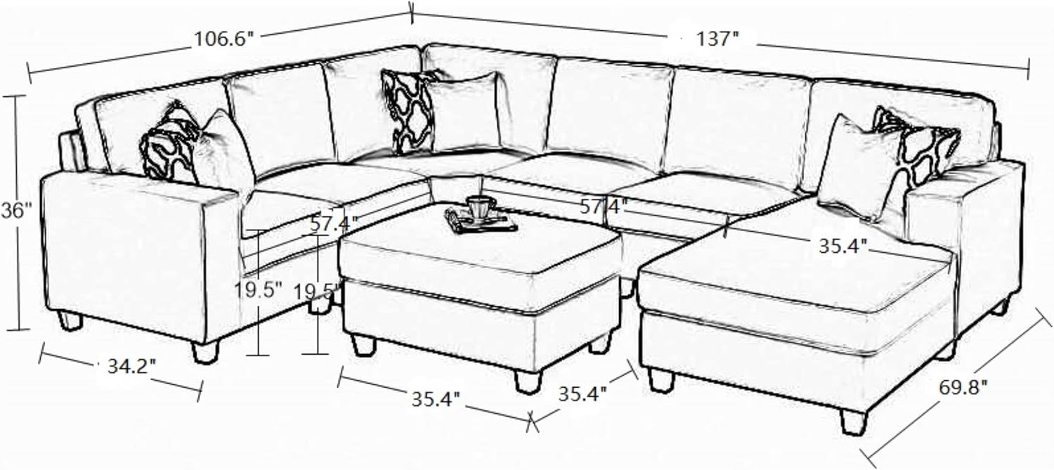 137'' Reversible Flexible Combination Modular Sofa Couche with Ottoman Sectional, Cream